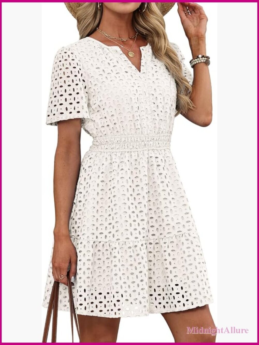 Women's Eyelet Lace V-Neck A-Line Mini Dress Short Puff Sleeves